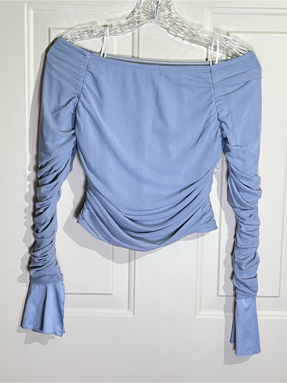 Princess Polly Ruched Off-Shoulder Long Sleeve Crop Top in Light Blue